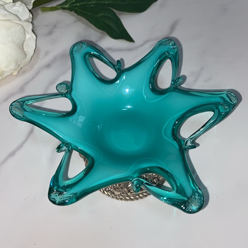 Small Murano Footed Glass Bowl Dish Glass Trinket Tray With Silver Fruit Stand - Picture 5 of 17